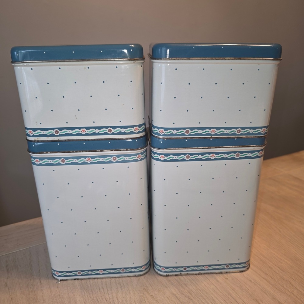 Vintage 1987 Cheinco Country Goose Metal Canister Set 4 Piece Blue White Tins - Picture 9 of 9